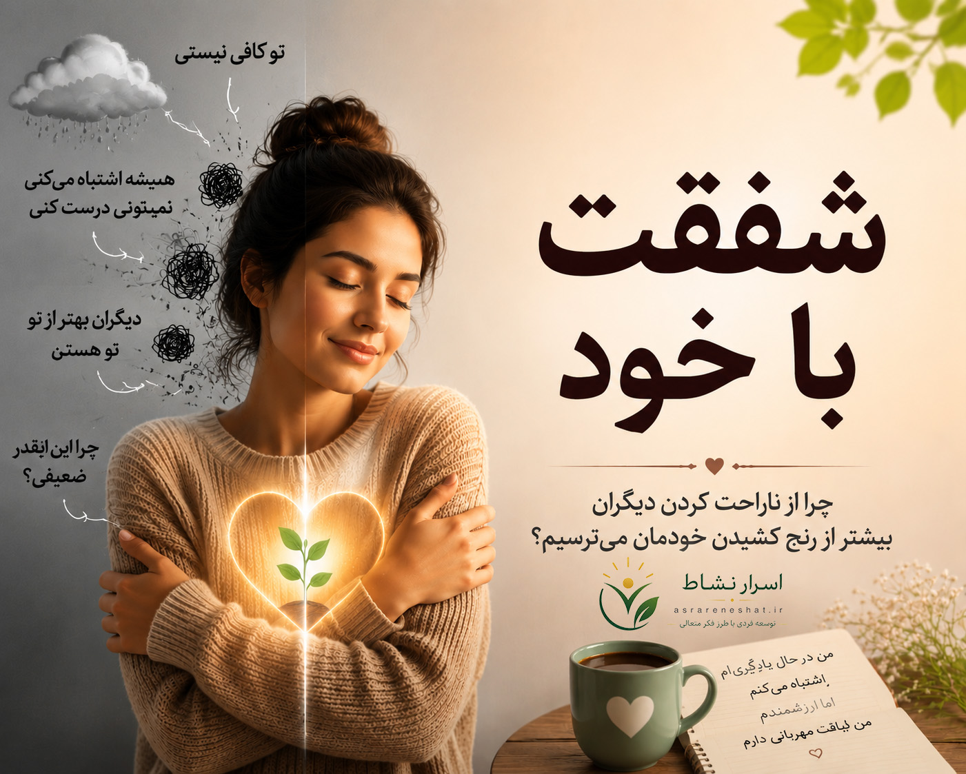 تصویر مفهومی شفقت به خود و مهربانی با خود برای رسیدن به آرامش ذهنی